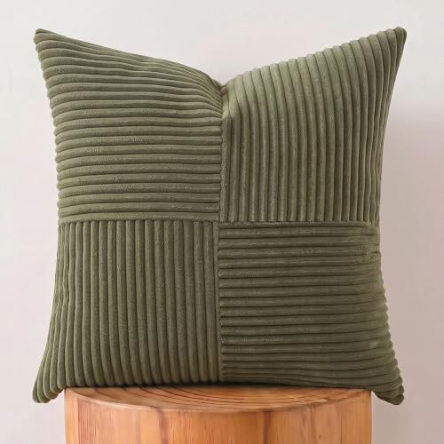 Fancy Homi Set of 1 Olive Green Square Decorative Throw Pillow Covers 14x14 Inch for Living Room Bedroom Couch Bed Sofa, Soft Striped Corduroy Modern Rectangle Accent Cushion Case 35x35 cm