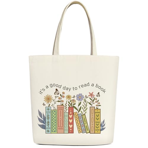 BWTRVL Floral Cute Canvas Book Tote Bag for Women, Perfect Mother's Day Birthday Gift for Book Lovers Women, Friends, Reusable Library Bag Books, Library, Work, Daily Commute - A01