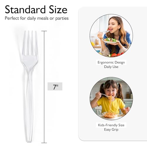 [100 Count] Clear Plastic Forks Heavy Duty, Premium Disposable Forks, Durable Plastic Cutlery for Parties, Picnics, Big Event, Daily Use - Heat Resistant & BPA Free - Thumbnail 2