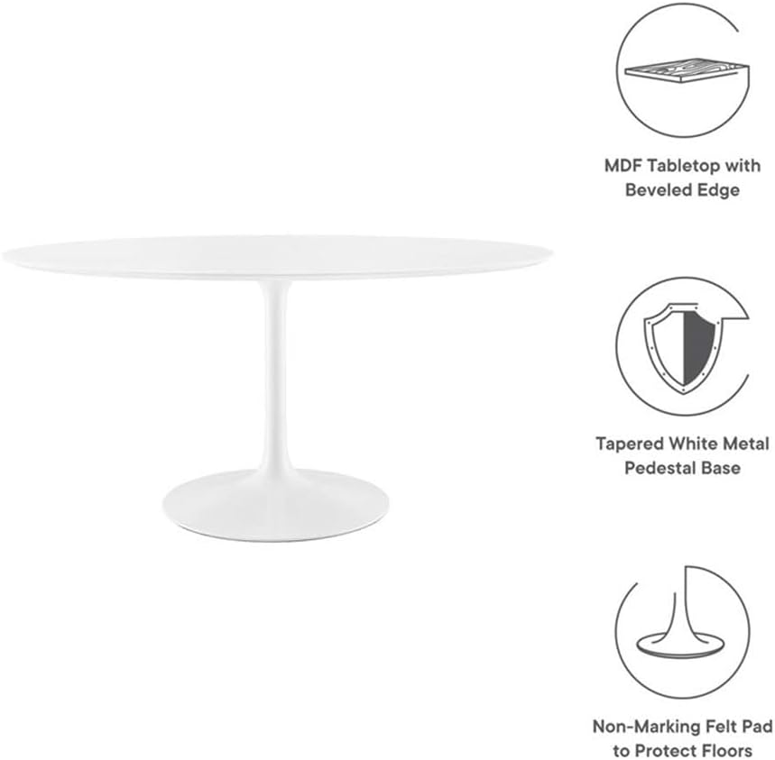 Pemberly Row 35" x 60" Oval Modern Wood Dining Table, White Lacquered Finish MDF Top, Chip-Resistant Pedestal Base, Beveled Edge, Seats 6, Contemporary Dining Room Table for Indoor Use