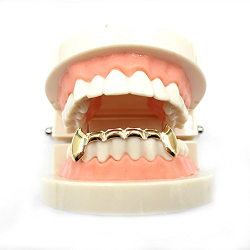 TOPGRILLZ Bottom Vampire Teeth Grills - 18K Gold Plated Slug Fang Grillz for Men & Women - Hip Hop Rapper Costume