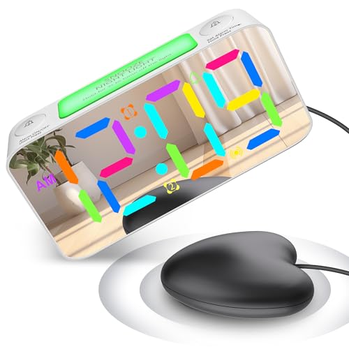 Loud Vibrating Alarm Clock with Bed Shaker for Heavy Sleepers Adult Hearing Impaired Kids Bedroom, 2 Alarms Digital Clock 15 RGB Colors/7'' Large Mirror Display, Nightlight,USB Charger,Battery Backup