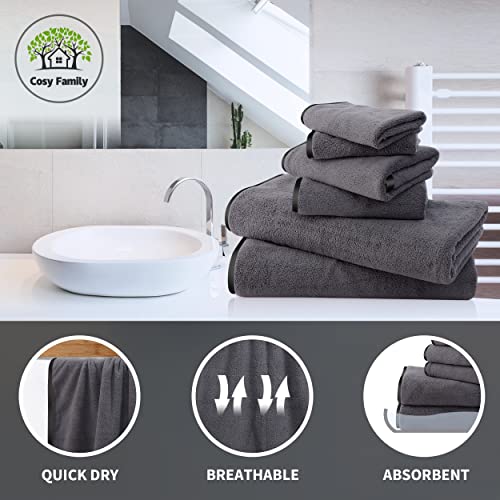 Cosy Family Microfiber 8-Piece Towel Set, 2 Bath Towels, 2 Hand Towels, and 4 Wash Cloths, Ultra Soft Highly Absorbent Towels for Bathroom, Gym, Hotel, Beach and Spa (Dark Grey) - Image 3