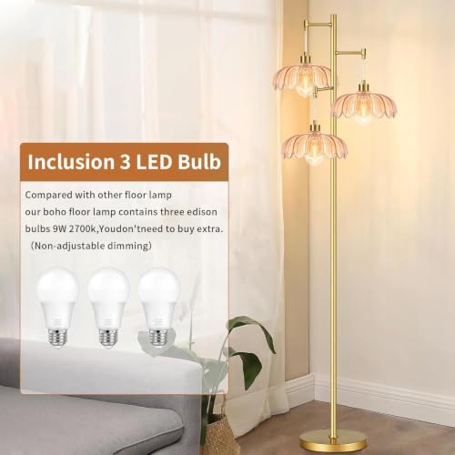 Image of QIYIZM Glass Floor Lamp for Living Room,Bedroom,Gold Mid Century Modern Standing Lamp Brass Tree 3 Light Tall Floor Lamps Vintage Retro Floor Lights Flower Lamp Shade Farmhouse Boho Bohemian