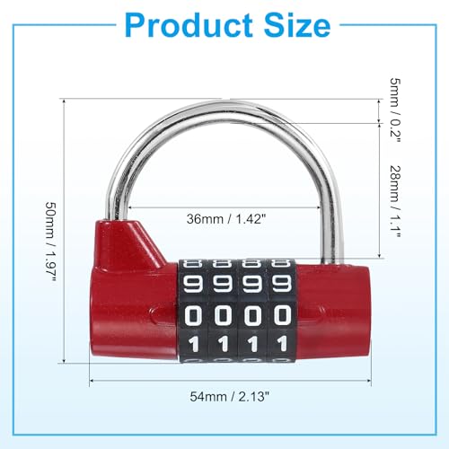 Image of PATIKIL Combination Padlock, 4 Digit Gym Locker Lock Zinc Alloy Password Safety Padlock Keyless for Sports Locker Fence Toolbox Case Drawer, Red