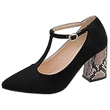  Bviennic Femmes Mode T Strap Bloc Escarpins Fête Talons Hauts Snakeskin Eté Pointu Boucle Escarpins Noir Taille 35 EU