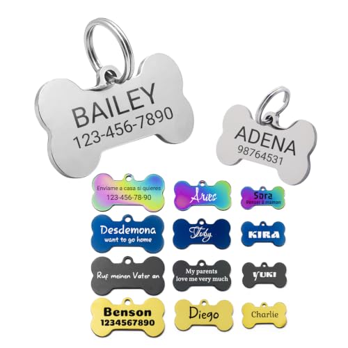 Etiqueta de Identificación de Perro de Acero Inoxidable Personalizada, Placa de Identificación Personalizada Tallada por Láser, Hasta 6 Líneas de Texto o Código QR, 2 Tamaños (Huesos)