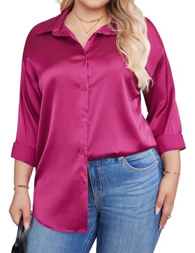 IN'VOLAND Womens Plus Size Satin Blouse Button Down Shirts Casual V Neck Long Sleeve Office Work Tops Rose Red