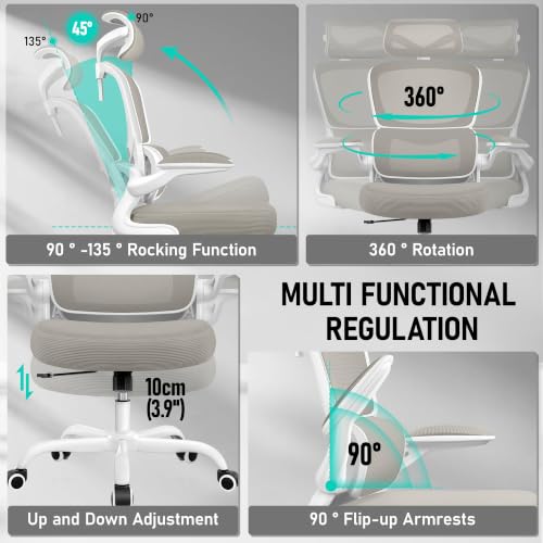 Image of BESTFAIR High Back Ergonomic Office Chair, Breathable Mesh Desk Chair with Lumbar Support, Adjustable Headrest, Flip-up Armrests, Computer Gaming Chair, (LightGray)