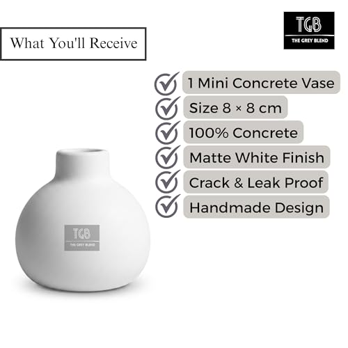 Image of Small Vase & Mini Bud Vase for Home Decor, White Handmade Concrete Flower Vase for Coffee Table, Shelf, Desk & Bedroom | Matte Finish (8x8 cm)
