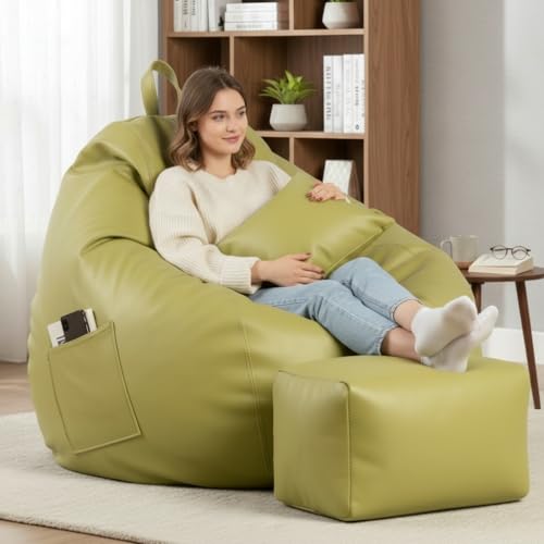 Image of KAM'S LIEU 5XL Luxury Faux Leather Bean Bag with Footrest & Cushion | Pre-Filled High-Density Polystyrene Beans | Premium Leatherette | 6 Months Warranty Color- (Olive Green, Without Footrest)
