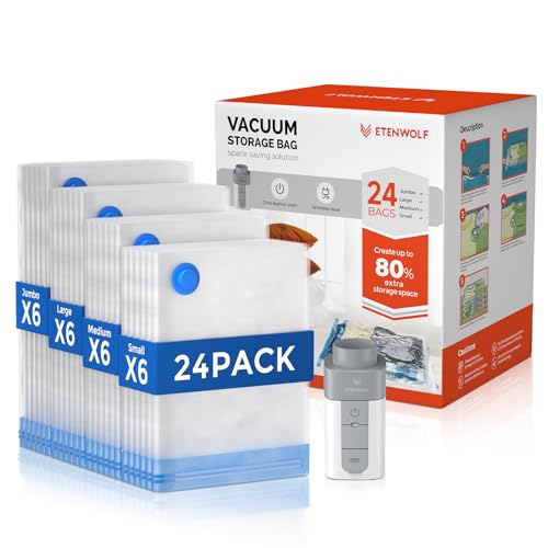 ETENWOLF 24 Pack Vacuum Storage Bags with Rechargeable Wireless Pump, Vacuum Seal Bags for Clothes and Travel, Space Saver Bags in Multiple Carry-On S