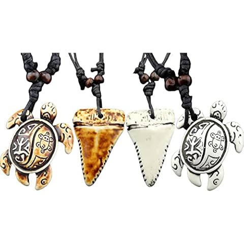 4Pcs Sea Turtle Necklace Pendant Shark Teeth Surfer Necklace for Women Men Teen Summer Beach Jewelry Gift, No Gemstone Cover