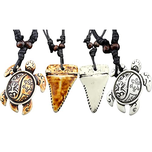 4Pcs Turtle Shark Tooth Necklace Pendant Bohemian Handmade Waterproof Surfer Necklace for Women Men Summer Beach Jewelry Gift