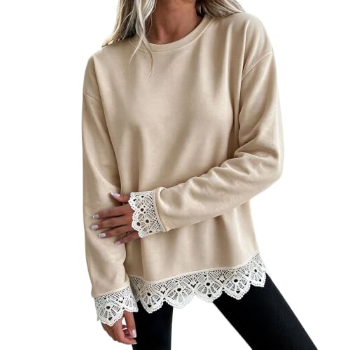 Oversized Crewneck Sweatshirts Women Scalloped Lace Trim Cute Pullover Tops - image 5