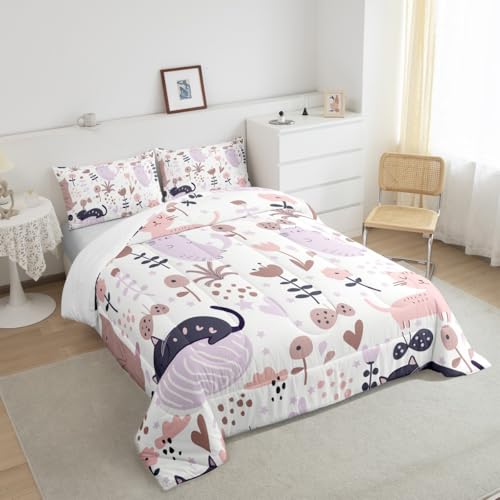 Image of Feelyou Cartoon Comforter Twin Size, Cute Kitten Print Comforter Set for Kids Toddler Kawaii Cats and Flowers Comforter Set Animal Themed Duvet Set Durable Quilt Set