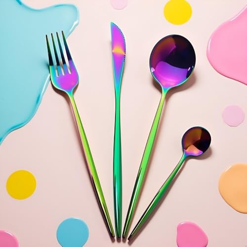 Image of 24 Pcs Rainbow Slim Handle Stainless Steel Cutlery Set for Dining Table with Spoons and Forks Set + Butterknives - The Perfect Tableware /Flatware