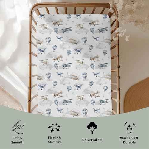 Image of Vintage Planes Airplanes Helicopters Baby Crib Sheets Boy Girl 28 inchx52 inch Hot Air Balloon Plane Clouds Sky Soft Stretchy Fitted Crib Mattress Cover Baby Sheet for Standard Crib & Toddler Mattress Pad