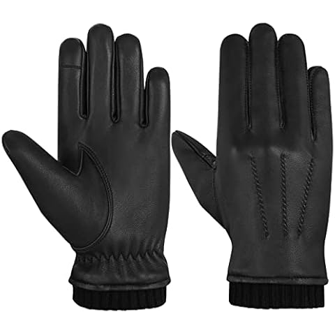 Hand Fellow Genuine Leather Gloves Black Mens Leather Gloves Fleece Lined Touch Screen Leather Driving Gloves Winter Gloves Warm Thermal Gloves (Black Rib, L) Cover