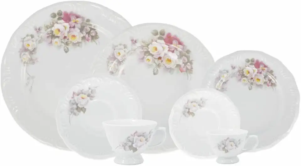 Serviço de Jantar Chá Café 42 peças em Porcelana. Modelo Redondo com Relevo Pomerode. Decoração Eterna. Fabricado pela Schmidt.