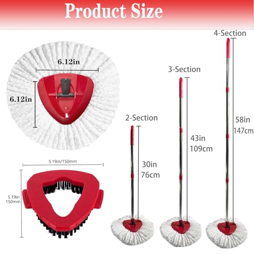Image of Spin Mop Replacement Head Mop Replace Head Compatible with O Cedar EasyWring Spin Mop - 4 O-Ceda Mop Refills、30-58in Mop Handle and 1 Mop Base and 1 Mop Base Scrub Brush Combo Set