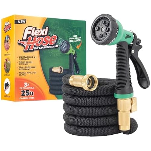 Flexi Hose with 8 Function Nozzle, 25FT - Lightweight Expandable Garden Hose, No-Kink Flexibility, 3/4 Inch Solid Brass Fittings and Double Latex Core