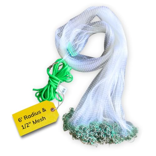 Silver Catch Cast Nets 6ft Radius|1/2 Inch Mesh for Fishing with Chain Bottom, Salt Water Casting Fishing Net Gear, Easy Throw Nets Fishing Bait in 4.5ft-10ft Radius|3/8