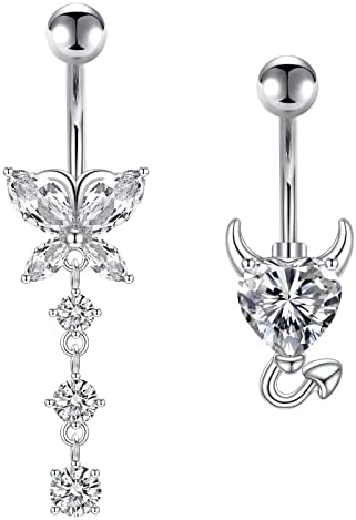 VCMART 14G Belly Button Ring with Dangle 10mm Navel Belly Bar Surgical Steel Piercing Jewellery Heart Eyes