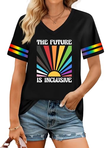 Pride Shirts Women: Love is Love Rainbow T Shirt Gay Pride Tshirt Rainbow Heart Graphic Tees LBGT V Neck Tops