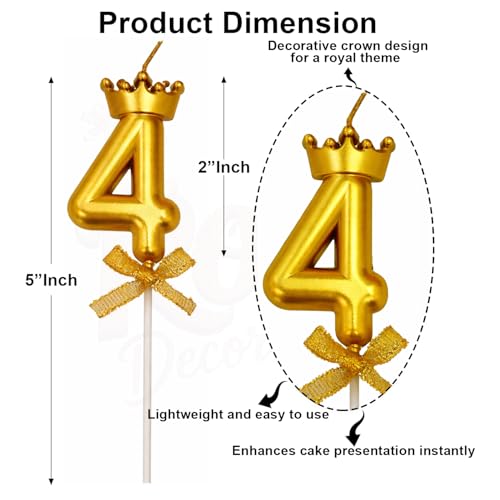 Image of Rozi Decoration Number 4 Birthday Candle for Cake with Crown Design | Gold Metallic Number Candle with Stick | Fourth Birthday Cake Topper for Baby, Kids and Party Celebration