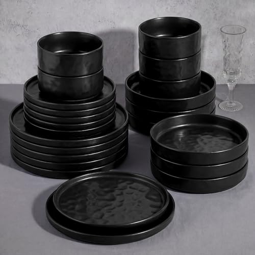 E-far E-far Black Plates and Bowls Sets, 24-Piece Stoneware Dinnerware Set for 6