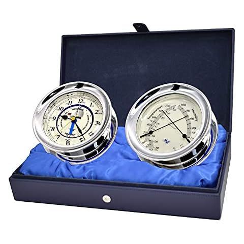MASTER-MARINER Patriot Collection, Nautical Windlass Gift Set, 5.85” Diameter Time & Tide Clock and Comfort Meter Instruments, Chrome Finish, Ivory Patriot dial Cover