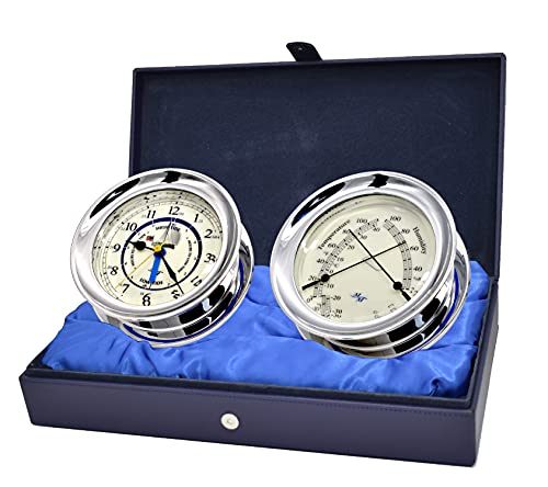 Master-Mariner Patriot Collection Geschenk-Set, nautisches Windbrillen-Set, 14,9 cm Durchmesser Zeit & Gezeitenuhr und Komfortzähler, Chrom-Finish, elfenbeinfarbenes Patriot-Zifferblatt Cover