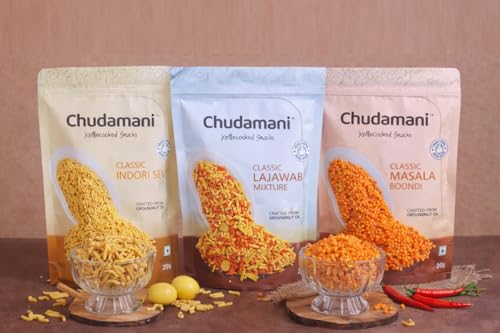 Image of Chudamani Kettlecooked Snacks Combo Pack-3 (250gm) Classic Indori Sev, Lawajab Mixture, Masala Boondi Namkeen, Crunchy and Spicy, Famous Indori Cooked Snacks Namkeen