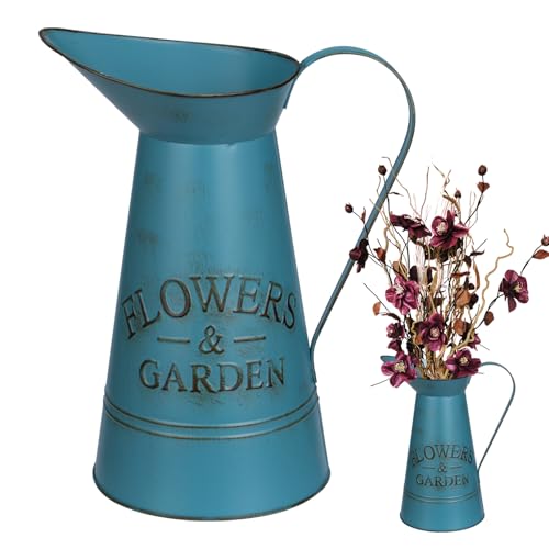 Jarrón de flores vintage de metal con asa, jarrón de cubo rústico, maceta Shabby Chic vintage, jarrón de granja, decoración para el hogar y el jardín