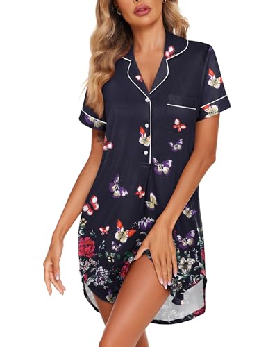 Image of Ekouaer Women's Nightgown Button Down Nightshirt V Neck Sleepshirt Short Sleeve Sleepwear Soft Pajama Dress
