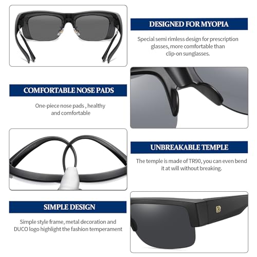 DUCO Polarized Fit Over Sunglasses for Men Women, Semi-Frame Wrap Around UV400 Protection TR90 Frame Driving Shades DC89924
