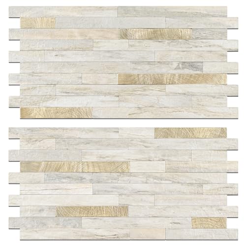 STICKGOO 2 Sheets Peel and Stick Backsplash Tile, Stick on Backsplash for Kitchen and Bathroom, Sunny Beige Look PVC Mixed Metal Gold Self Adhesive Wall Tiles
