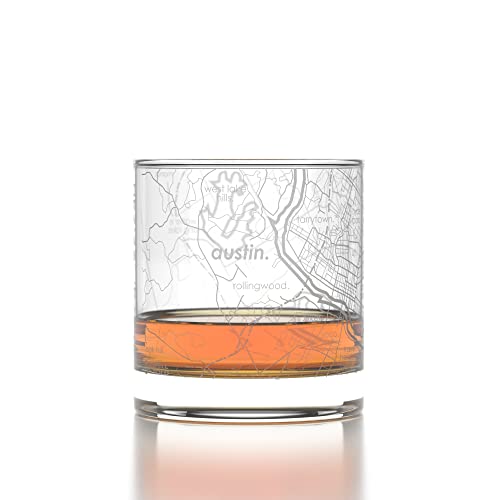Well Told Engraved Austin Texas Map Rocks Glass, Old Fashioned Whiskey Glass (11 oz, Clear) Etched Whiskey Glass, Gifts For Whiskey Lovers