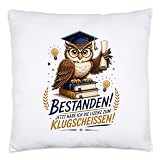 Hey!Print Kissen lustig Abschluss Studium - Bestanden Prüfung Geschenk Spruch Student Absolvent - Eule Motiv Hochschulabschluss Lizenz zum Klugscheißen