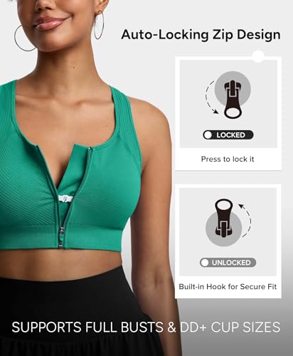 BRXL Front Zip Sports Bra Seamless Sewn in Pads Racerback Wide Straps Medium Impact for Running Yoga Gym Forest Green M — view 3