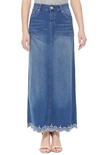 Women's Juniors Long A-Line Stretch Denim Maxi Skirt in Blue Size M