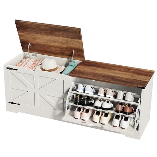 DWVO Shoe Storage Bench, 55" L Shoe Cabinet with 3 Flip Drawer & Flip-Top Storage, Farmhouse Modular Tilt-Out Organizer for Entryway, Mudroom, Bedroom