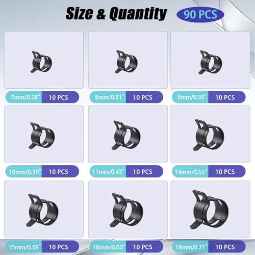 90Pcs 7-18mm Spring Hose Clamps Kit, Black Small spring Clamp, Constant Tension Steel Clamps for Automotive Fuel Lines, Silicone Vacuum Hoses, Low-Pressure Air Clips by Trunzom - Used condition - Image 2