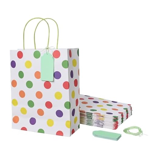 Suffix Retail (Pack Of 20) Polka Dots Multicolor Paper Bags For Return Gifts With Gift Tags & Threads/Gift Bags For Corporate Events (12X8.7X3 Inches) | Party Favor Bags - 100Gsm
