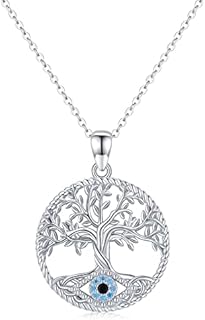SlowSloth Tree of Life & Evil Eye Necklace S925 Sterling Silver Evil Eye Tree of Life Family Pendant Jewellery Gifts for Her Women Girls Mother