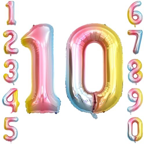 Rainbow Ombre Number 10 Balloon 40 Inch Pastel Foil Decor for Double Digits
