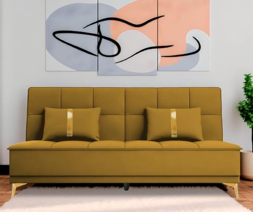 Image of Adorn India Premium New Alyssum 3 Seater Sofa Cum Bed 4X6 Velvet Suede with 2 Cushions (Color Yellow) and Suitable for All Indoor, with 3 Years Warranty
