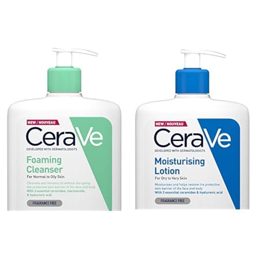 CeraVe Feuchtigkeitslotion für Körper und Gesicht & Schäumendes Reinigungsgel für Gesicht und Körper, Normale bis fettige Haut, Mit Hyaluron und 3 essenziellen Ceramiden, 1 x 1l