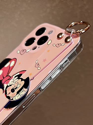 Filoya For Iphone 14 Pro Max Case, Pink Minnie & Mickey Bling Cover With Metal Chain, Wrist Strap Kickstand Soft Tpu Protective Lens Camera Protection Case For Women #TOP5